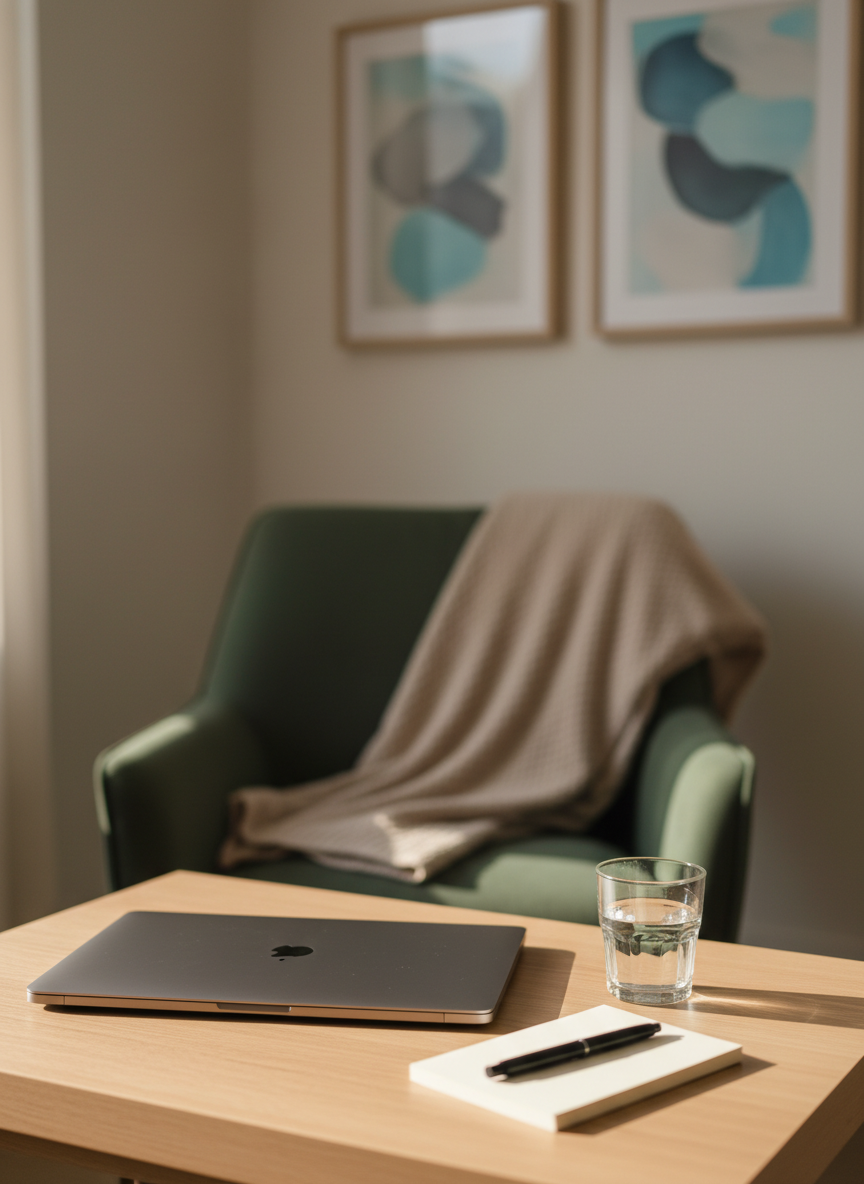 A close-up, photographic-realistic view of a minimalist therapy corner prepared for an online session, with no people visible. A sleek, closed laptop sits on a natural oak table, next to a glass of water, a small notepad, and a pen aligned neatly. Behind it, a plush, moss-green armchair and a soft beige throw blanket suggest comfort and safety. The background shows a softly blurred wall with framed abstract art in calming blues and neutrals. Gentle afternoon light from an unseen window creates a warm glow and delicate shadows. Captured from a slightly elevated angle with shallow depth of field, the mood is calm, organized, and reassuring, ideal for a high-end psychological support website.