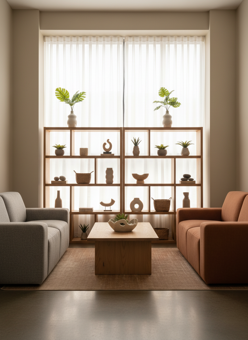 A wide, photographic view of a calm waiting area for a psychology clinic, intentionally without people. Two different, elegant lounge chairs in muted grey and terracotta fabrics face a low wooden coffee table holding a neutral-toned ceramic bowl and a small succulent. A tall bookshelf displays plants and neatly arranged objects instead of books to avoid text. A large window with sheer curtains allows soft, diffused morning light to wash the room, creating a peaceful atmosphere. The shot is taken at eye level with sharp focus throughout, using symmetrical composition to reinforce balance and stability. The mood is professional yet soothing, reflecting a sophisticated therapy environment for clients seeking help with anxiety and relationship issues.