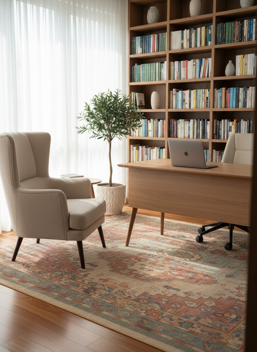 A sophisticated therapy office in İzmir designed for both in-person and online sessions, shown in photographic realism. A high-backed, light beige armchair faces a simple laptop placed on a pale wood desk, suggesting online therapy without any people present. Shelves with carefully arranged psychology books, a small olive tree in a ceramic pot, and a woven rug in muted earth tones complete the space. Soft daylight filters through sheer white curtains, creating gentle highlights on the furniture and subtle, calming shadows. Shot at eye level with a slight angle, the composition uses the rule of thirds and a shallow depth of field, evoking a serene, professional, and trustworthy atmosphere suitable for a clinical yet warm mental health setting.