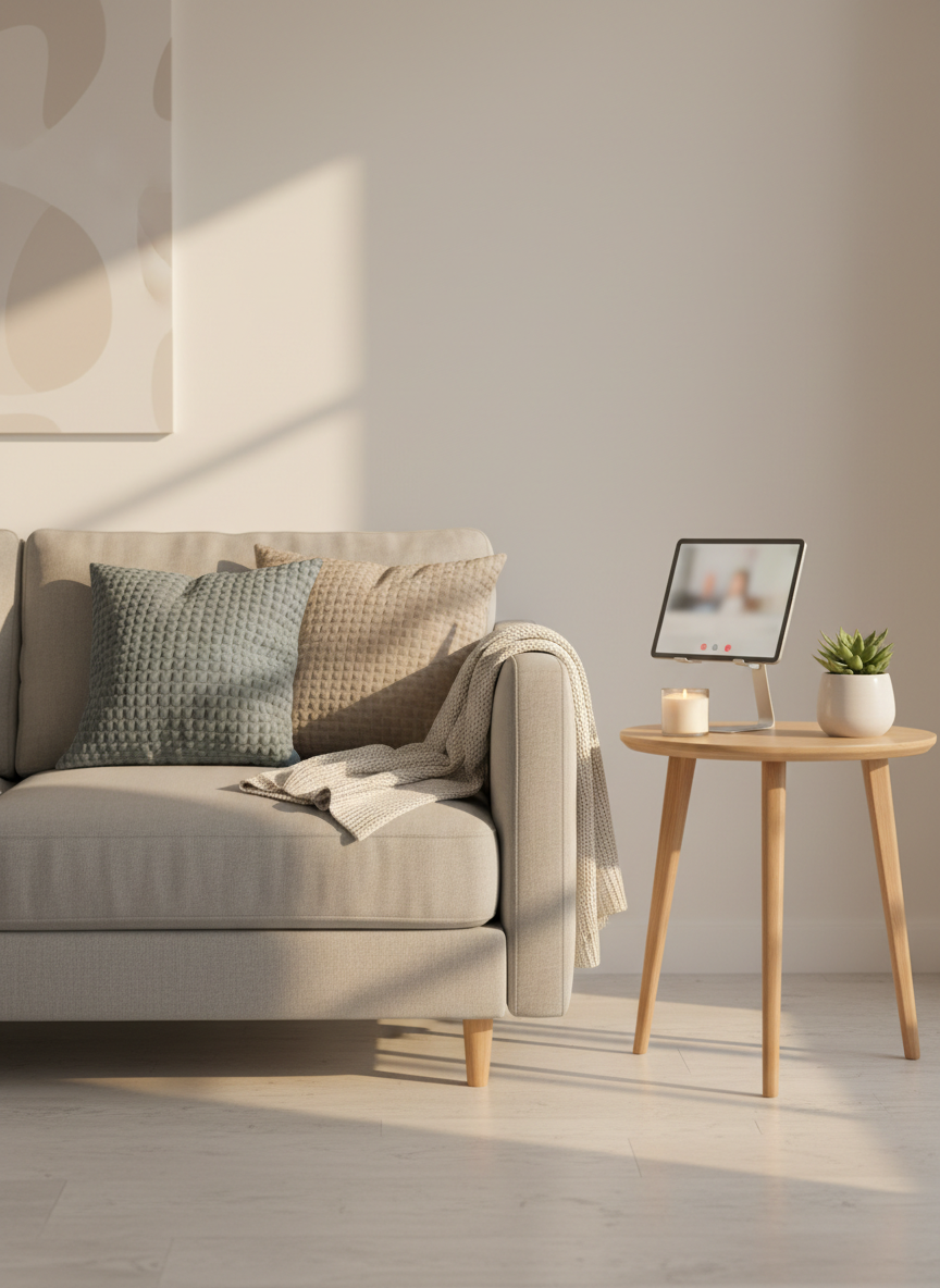 A photographic representation of a serene home-style space ideal for online therapy sessions, with no people. A comfortable, light grey sofa hosts two textured cushions in muted blue and sand tones, with a folded cream throw placed carefully on the armrest. A round wooden side table holds an unbranded tablet standing upright, a small candle in a frosted glass holder, and a tiny potted plant. The background shows a softly blurred, light-colored wall with subtle, abstract decor. Warm golden-hour sunlight enters from the right, creating gentle highlights and long, soft shadows that convey safety and emotional warmth. Shot from an eye-level perspective with a balanced composition and moderate depth of field, the image communicates a private, secure, and nurturing setting for remote psychological support.