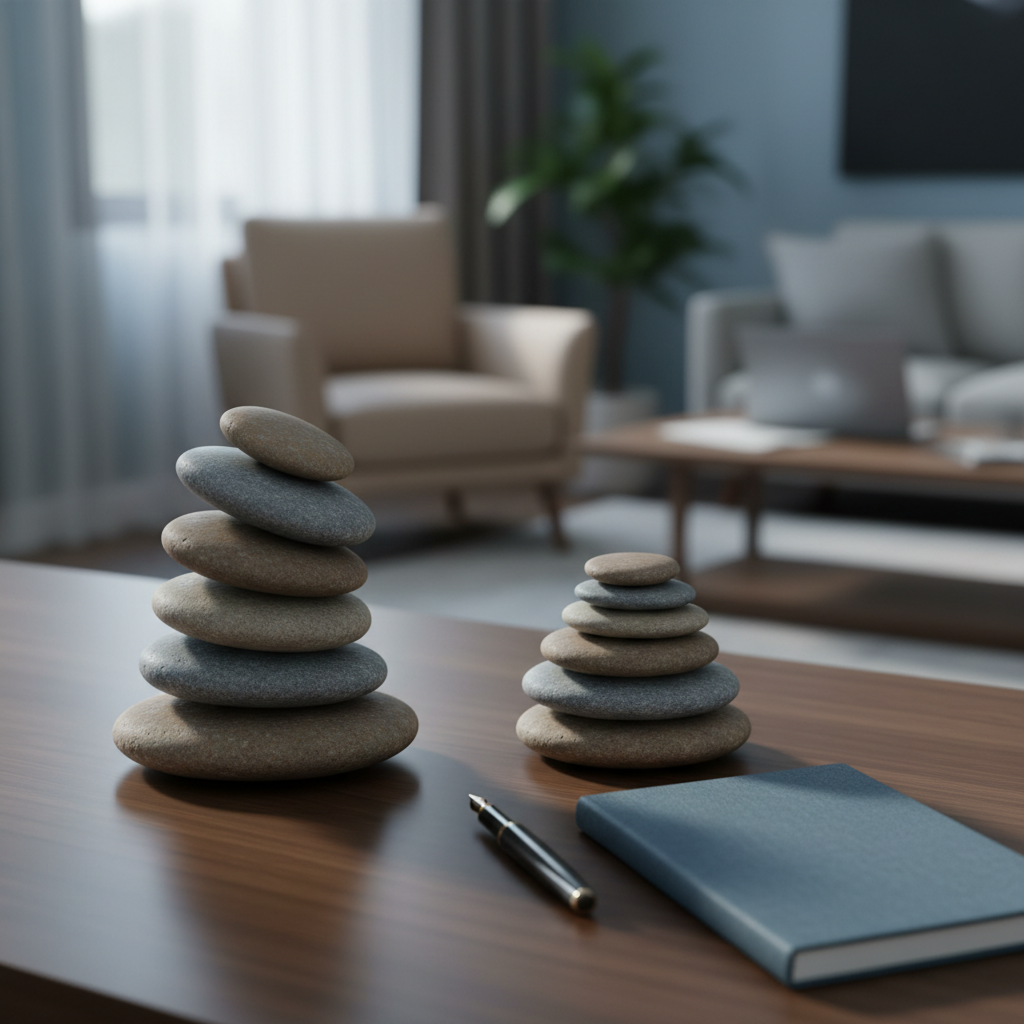 A symbolic, photographic still life representing anxiety and emotional burden, free of any people. On a smooth, dark wooden desk, two stacks of river stones are arranged: one tall and slightly unstable, the other short and balanced, illustrating distress versus stability. Beside them lies a closed, unbranded notebook and a pen, suggesting therapeutic work and reflection. The background is a softly blurred therapy office with neutral-toned furniture and a hint of a laptop screen, implying online support. Cool, diffused overcast light from the left creates gentle shadows and a contemplative mood. Captured from a low, close-up angle with shallow depth of field, the composition feels introspective and intellectual, aligning with a sophisticated mental health practice.